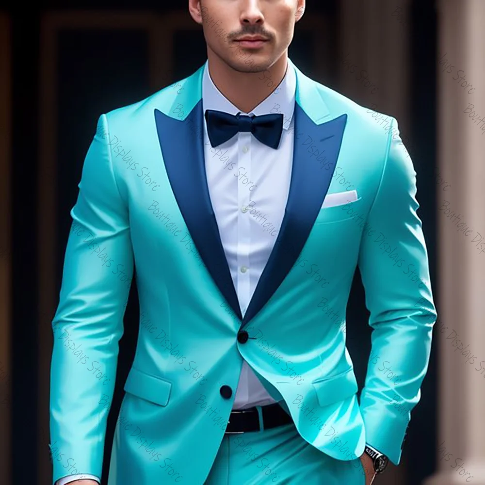 

Blue Satin Single Breasted Straight Men Suit Two Pieces(Jacket+Pants) Lapel Outfits Chic Casual Party Prom Wedding Set