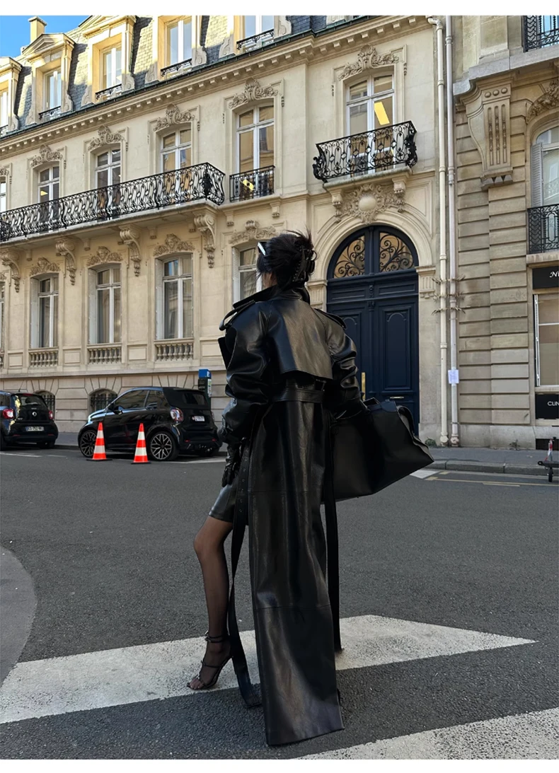 Lautaro Spring Autumn Extra Long Black Pu Leather Trench Coat for Women with Back High Slit Luxury Chic European Fashion 2024