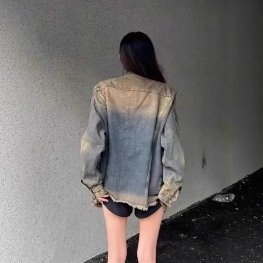 Women's American Retro Denim Jacket Raw Edge Casual Fashion Top for Spring And Autumn Versatile Niche Design