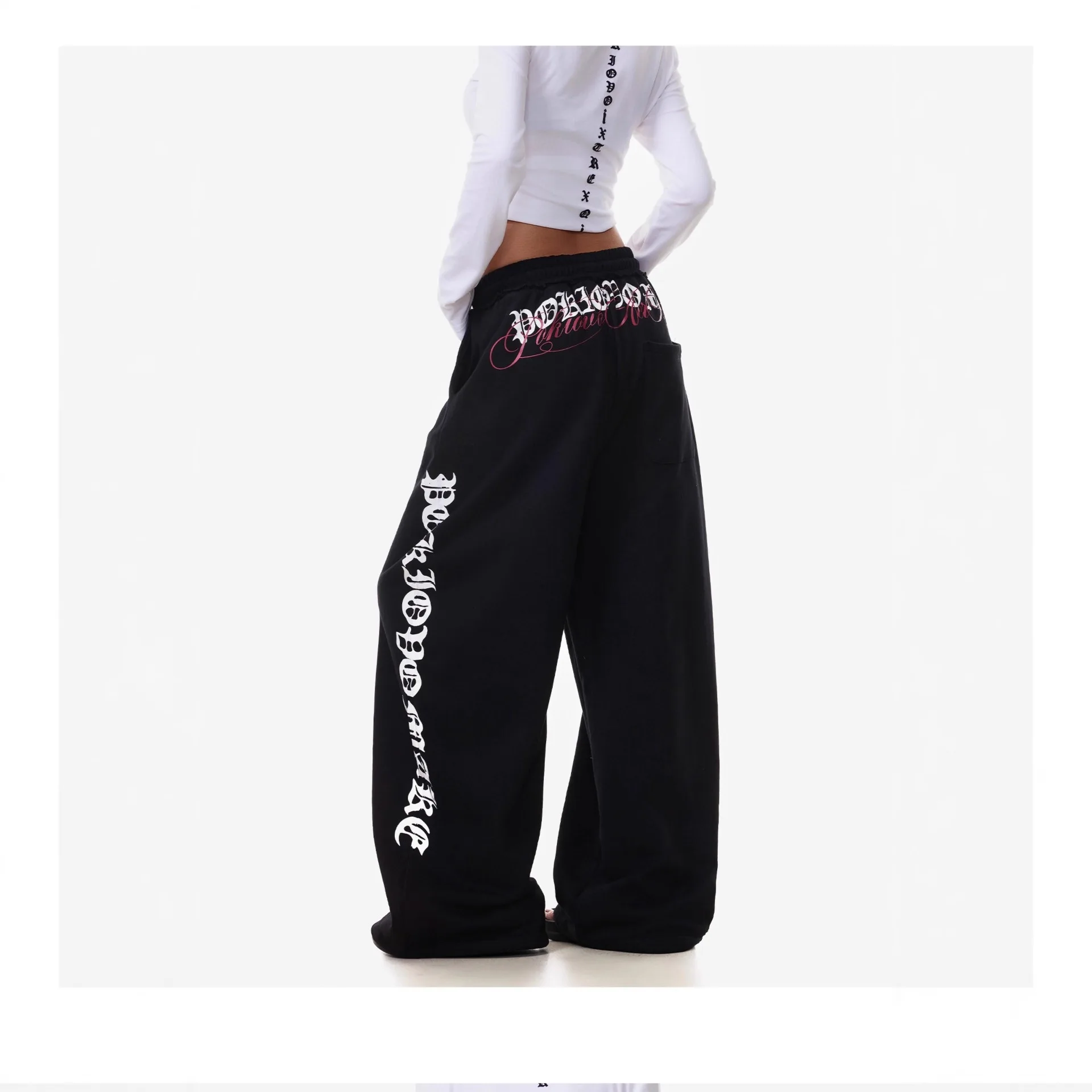 

2026 Women's American Retro Letter Print Curved Sweatpants High Waist Baggy Wide Leg Pants For Streetwear Jazz Dance