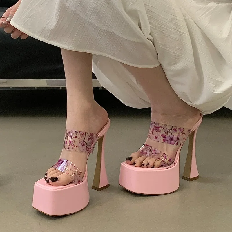 

Летние прозрачные сандалии-шлепанцы Aneikeh из ПВХ с принтом, на платформе, сексуальные, с квадратным носком, на толстом высоком каблуке, модные, с открытым носком, для ночного клуба