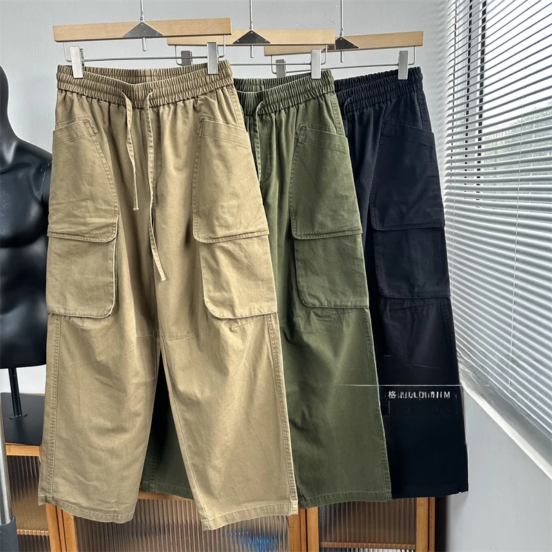 

Японские повседневные хлопковые брюки прямого кроя для мужчин, свободные рабочие брюки с большими карманами и диагональным полосатым дизайном