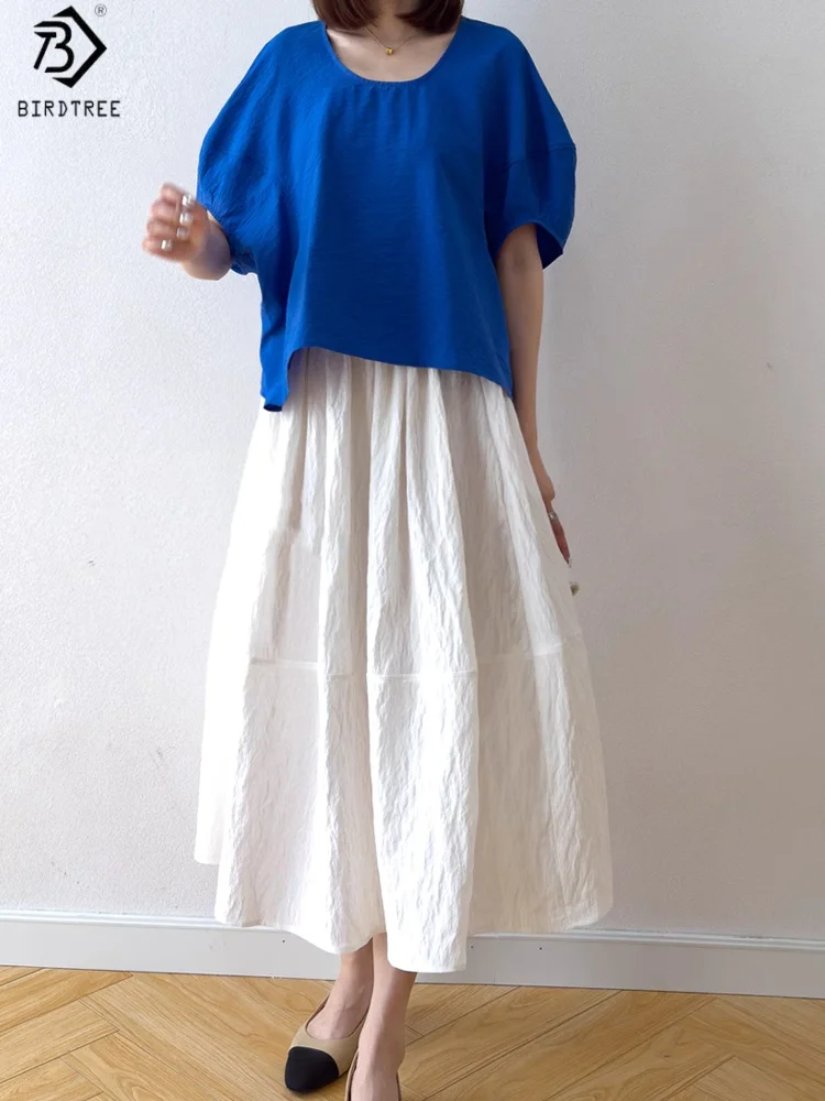 

Birdtree Women's 78% silk 22% nylon Skirt,A-line Ambrella Texture Loose Solid White Medium length Skirt D55616JF