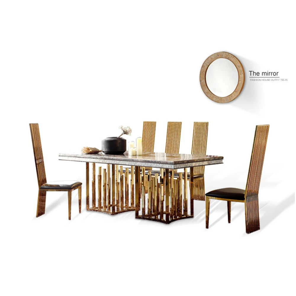 MANBAS Luxury Marble Dining Table Set with Gold Stainless Steel Frame, Dining Room Table with Sea Shell and High-Back Chairs