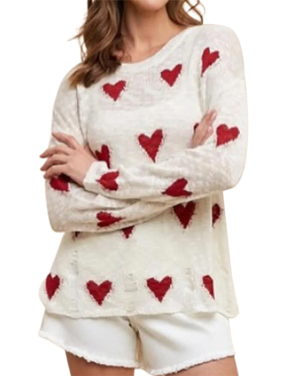 Women s Cozy Heart Patterned Sweater with Distressed Detailing and Long Sleeves - Perfect for Autumn Fashionistas