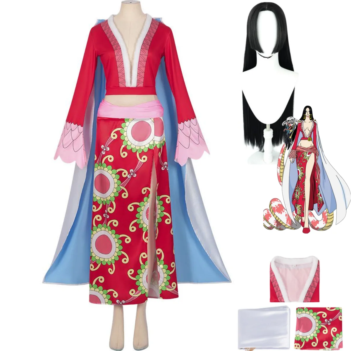 Disfraz de Cosplay de Anime Boa Hancock para mujer, falda con estampado rojo Imperio, capa blanca, peluca, Sexy, traje de bola para mascarada de Halloween