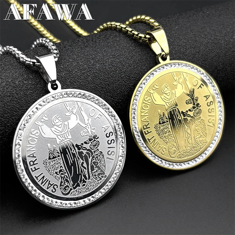 SAINT FRANCIS OF ASSISI PROTECTOR OF ANIMALS Pendant Necklace for Women Men Stainless Steel Church Rhinestones Medal Jewelry