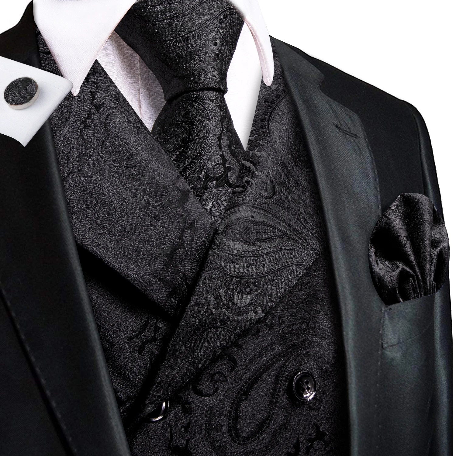 Business Black Men Vest Formal Solid Paisley Jacquard Waistcoat Jacket NeckTie Hanky Cufflinks for Men Designer Gift Hi-Tie