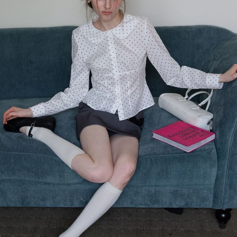 

Элегантные блузки в горошек для женщин, милые укороченные топы в стиле Y2K с воротником Питер Пэн, винтажные приталенные рубашки с длинными рукавами во французском стиле