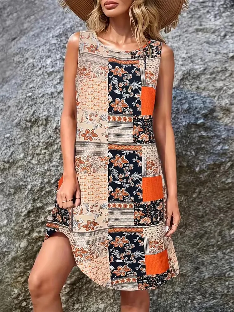 Sukienki damskie w stylu etnicznym z nadrukiem kwiatów w stylu vintage na lato 2025, modna sukienka bez rękawów, codzienna sukienka letnia, luźna sukienka plażowa.