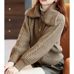 Women New Solid Color Zipper Knitted Cardigan Coat Female Large Size Loose Fit Korean Knitted Cardigan Thickness Sweater Jacket