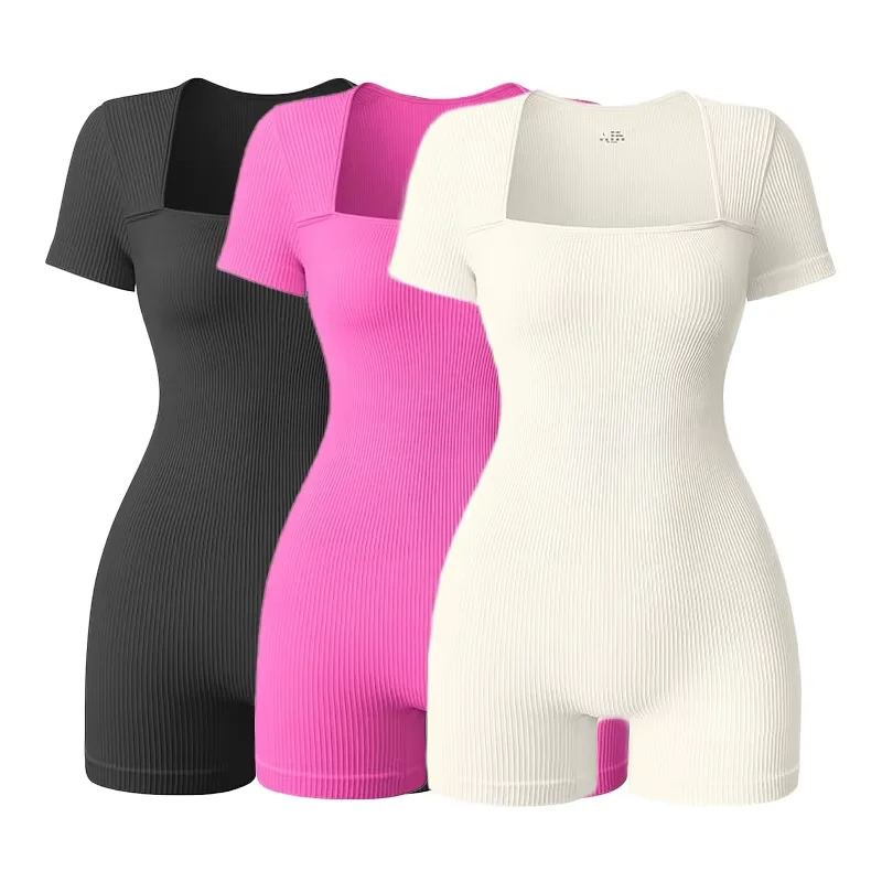 

Summer Short-sleeved Square Neck Women's Sportswear High Waist Tight Peach Butt Yoga Fitness Suit Fashionable Sports Jumpsuit