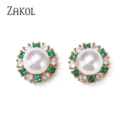 ZAKOL Vintage Green Cubic Zircon Flower Stud Earrings for Elegant Women Fashion Imitation Pearl Wedding Party Birthday Jewelry