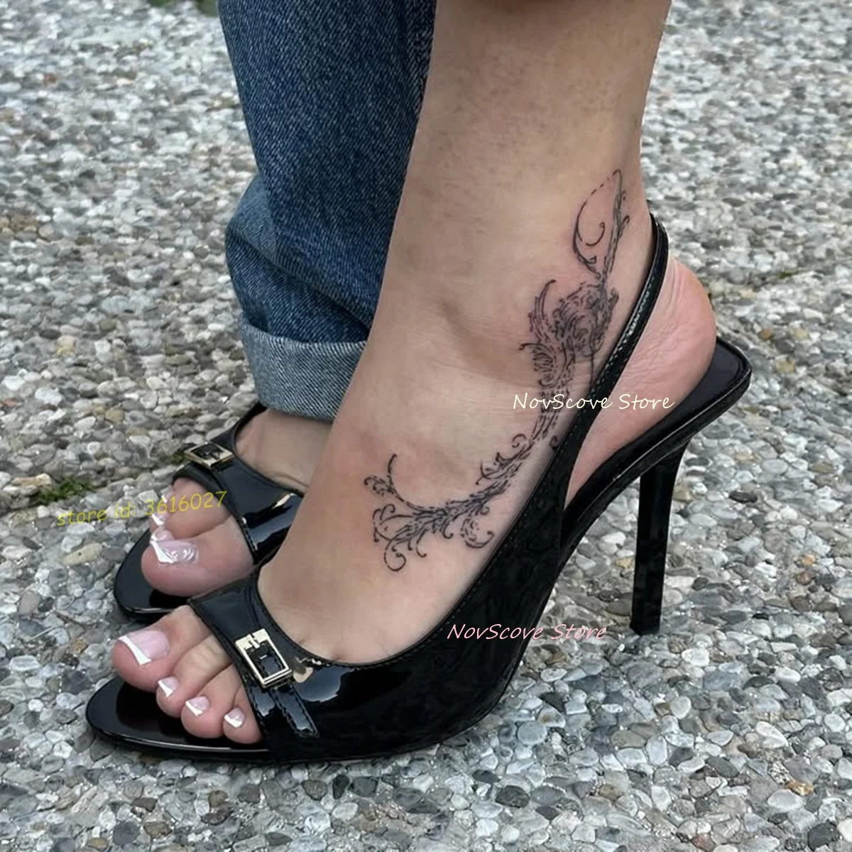 

Open Toe Black Patent Leather Slip On Sandals Stiletto High Heels Shallow Sandals Belt Buckle Classic Summer Party Single Shoes