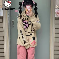 Sanrio Hello Kitty Spring Autumn American Style Cute Cartoon Hooded Sweatshirt Women's Casual Loose Fashion Ziper Cardigan Coat