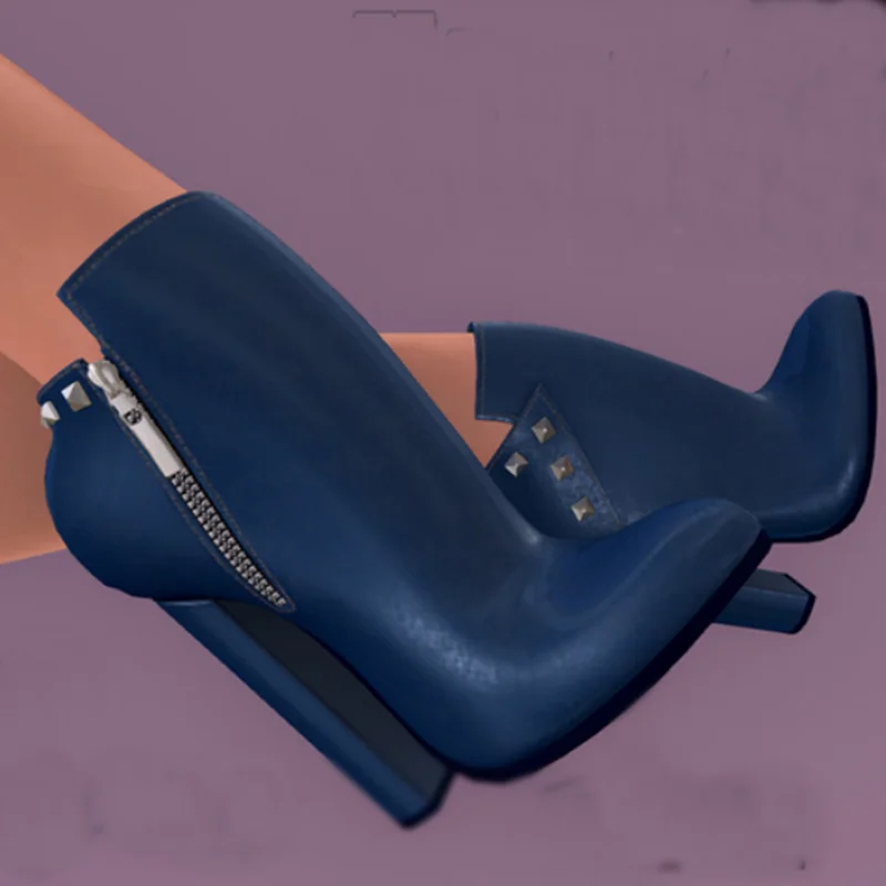 

Blue Zipper Rivet Matte Leather Boots Thin High Heel Pointed Toe Fashion Sexy 2025 Winter Big Size Woman Shoes Zapatillas Mujer