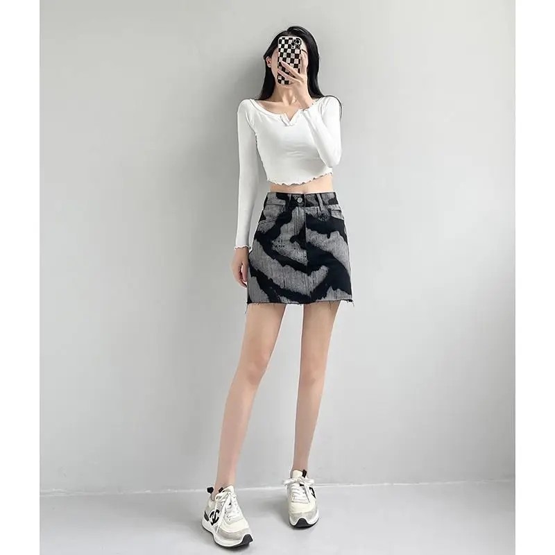 Black Denim Skirt Female High Waist Design Tie-dye A-line Skirt for Women