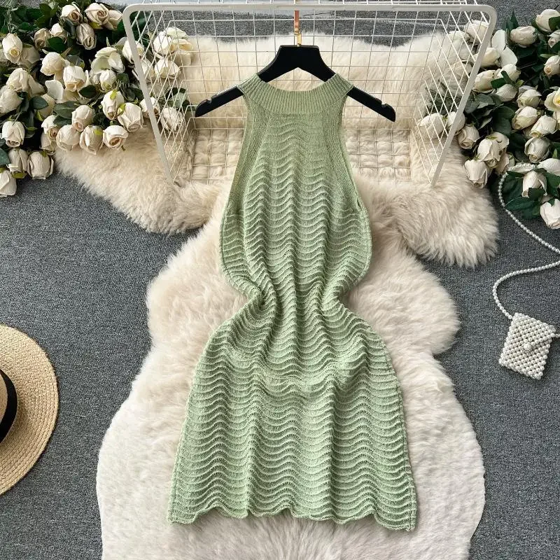 Mini abiti all'uncinetto a metà trasparente con scollo all'americana Abiti da festa per le donne Abiti in maglia scavati per le vacanze Aderenti estivi elastici