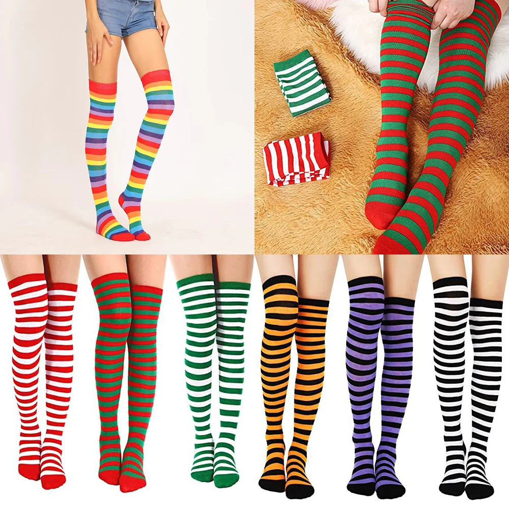 Women Christmas Sexy Stockings Cosplay Halloween Party Masquerade Xmas Colorful Striped Socks Overknee Stockings For Birthday
