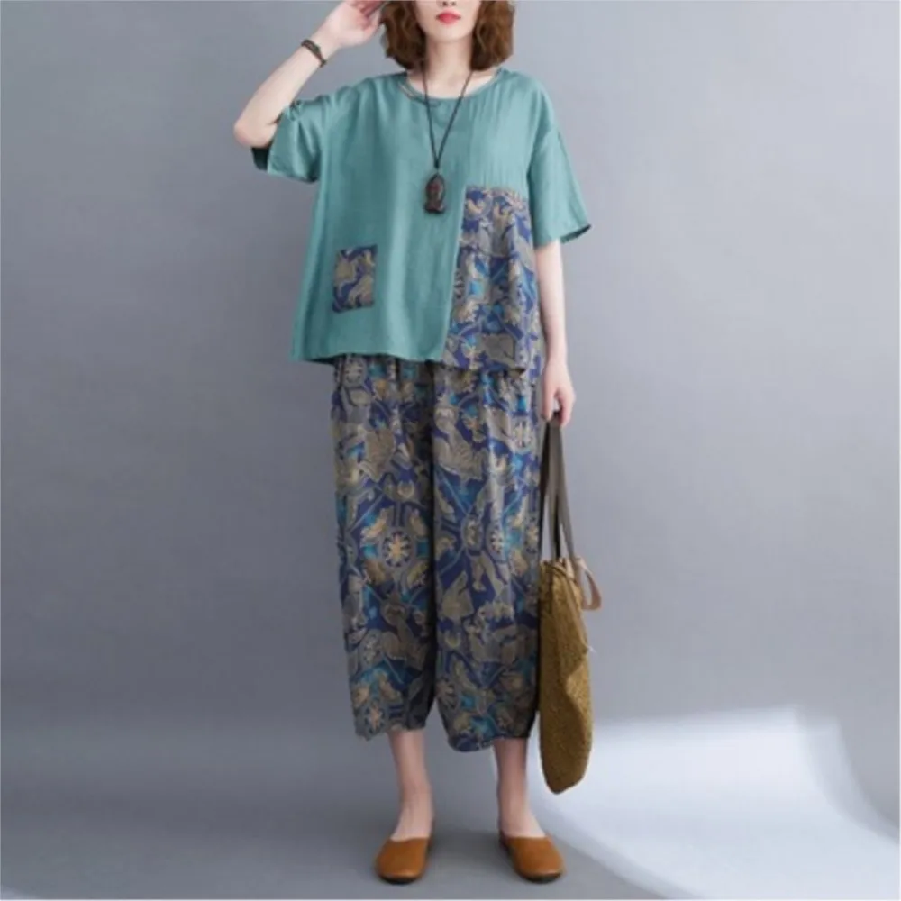 Summer Cotton Short Sleeved Women's Suit Fashion Loose Slimming Blouse Vintage Printed Nine-point Pants Casual 2piece Set Female