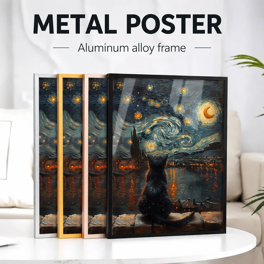 Starry Night And The Cat Framed Aluminum Metal Poster Customized Photo Modern Wildlife Style Wall Art For Study Collector Gift