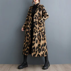 #6926 Spring Autumn Long Leopard Trench Coat Women V-neck Loose Pockets Vintage A-line Trenchcoat Single Breasted Streetwear