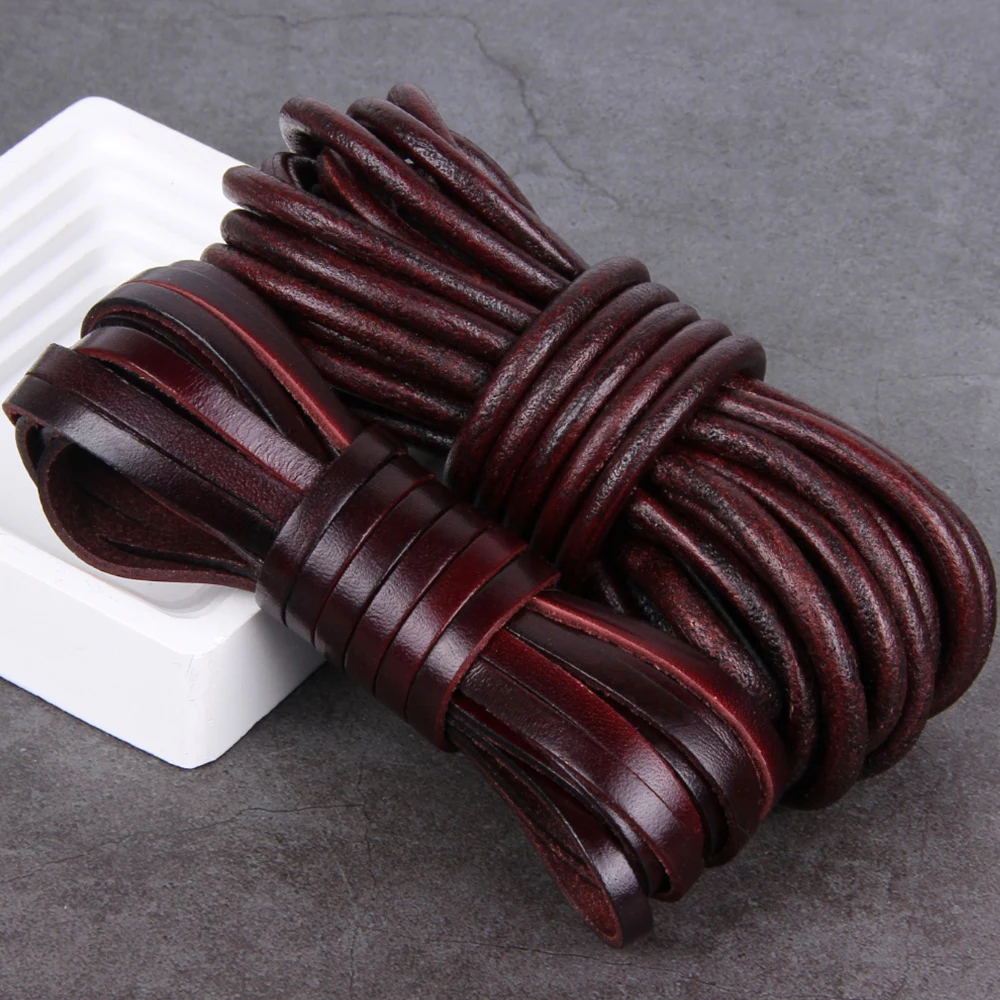 2/3/4/5/6/8/10mm 2meter Retro Coffee Cow Leather Strap Findings Flat/Round Leather Cord String Rope DIY  Bracelet Making