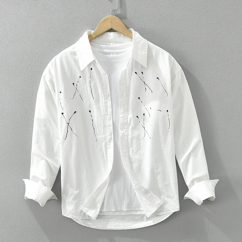 2024 New Fashion Paint Print Shirt for Men Cotton Loose Soft Long Sleeve Shirts Classics All-match Men's Clothing