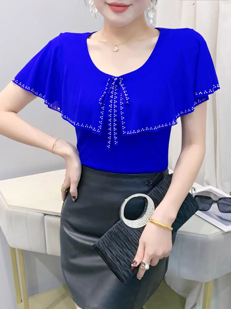 2025 Summer New Mesh Tshirt Fashion Rhinestone Ruffles Collar Slim-Fit Short Sleeve T-shirts Women's Top