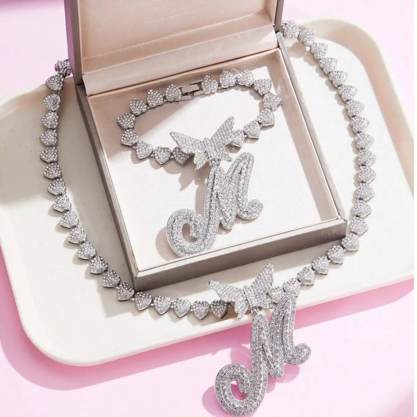 Conjunto de collar y pulsera con colgante de corazón inicial de A-Z de plata para mujer, joyería cubana para con nombre o letra de la suerte