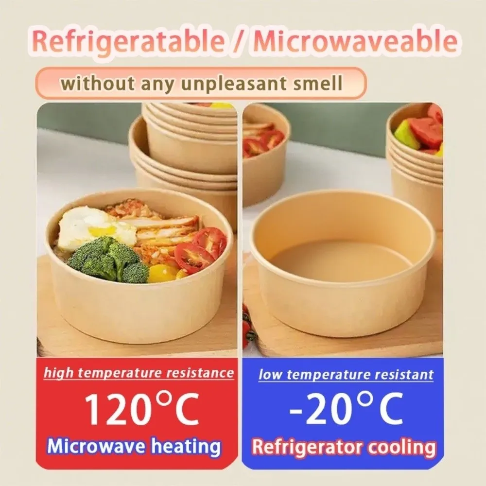 50pcs Disposable Kraft Salad Bowl 500/750ml with Lid Disposable Paper Bowl Round Leak Proof Disposable Food Container