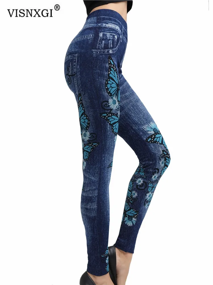 

VISNXGI Women Imitation Denim Jeans Leggings Casual High Waist Slim Elastic Sport Push Up Seamless Print Butterfly Pencil Pants