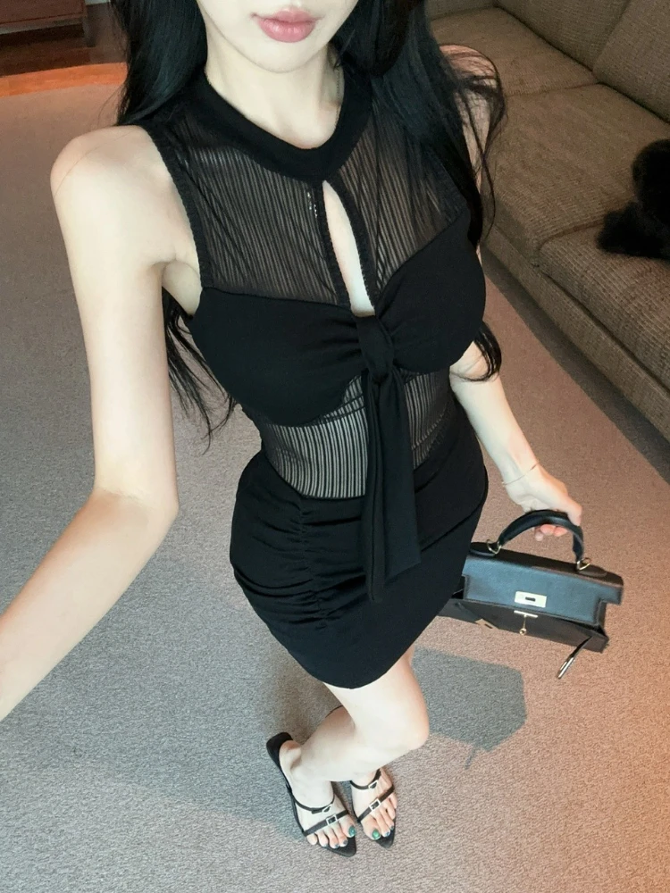 Foamlina rayé maille Patchwork robe sans manches femmes Sexy col rond découpé robe serrée bas enveloppé hanche robe fête Clubwear