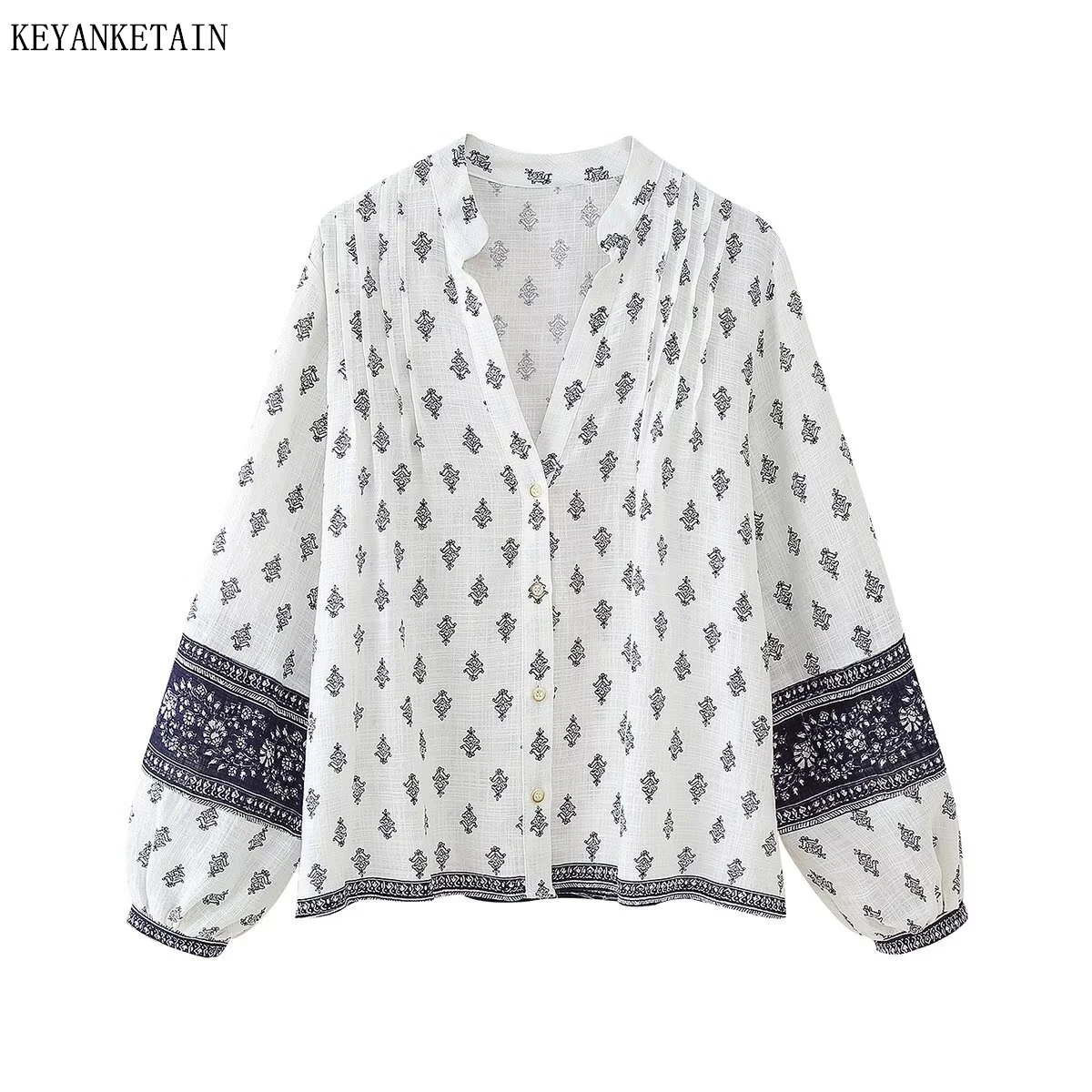 

KEYANKETIAN Summer New Holiday wind Flower Print Lantern Sleeve Shirt V-Neck Single Breasted Women's Loose Blouses Thin Top