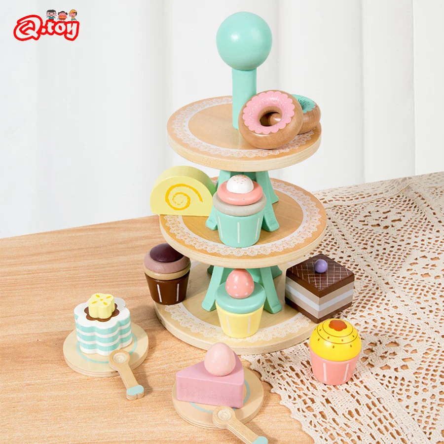 

Wooden Pretend Play Toys 3 Layers Dessert Cake Tower Children Kitchen Food Play Toy Set Simulation Cutting Afternoon Tea Set