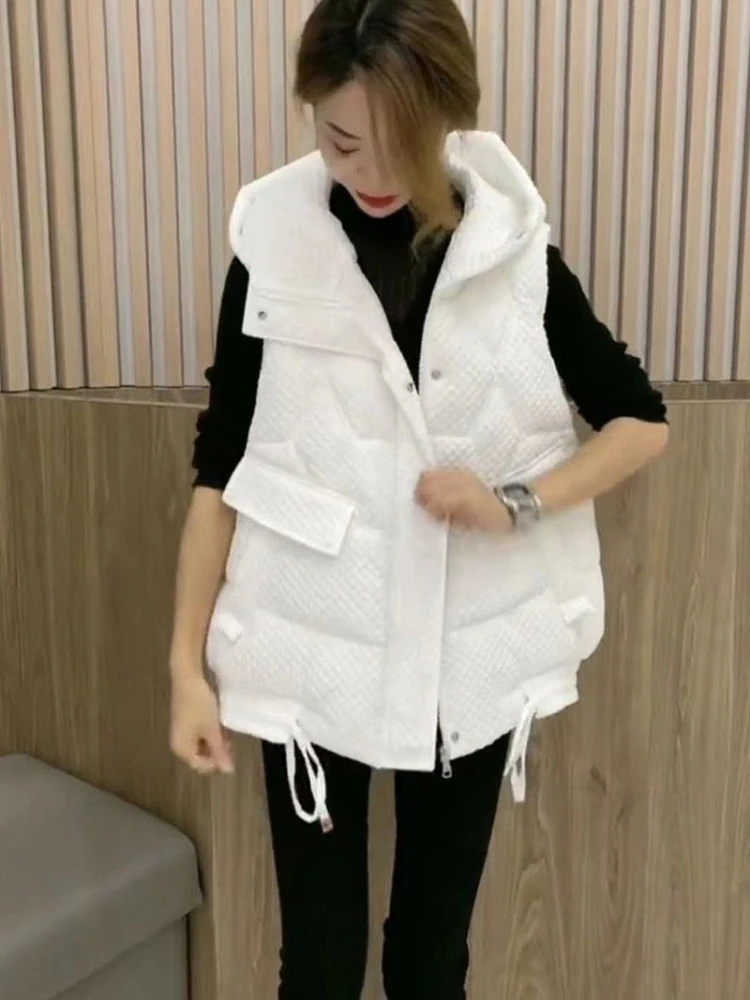 

2025 New Women's Vest Jacket Down Cotton Vest Autumn Winter Jacket Hooded Long Coat Sleeveless Loose Female Waistcoat Snow Wear