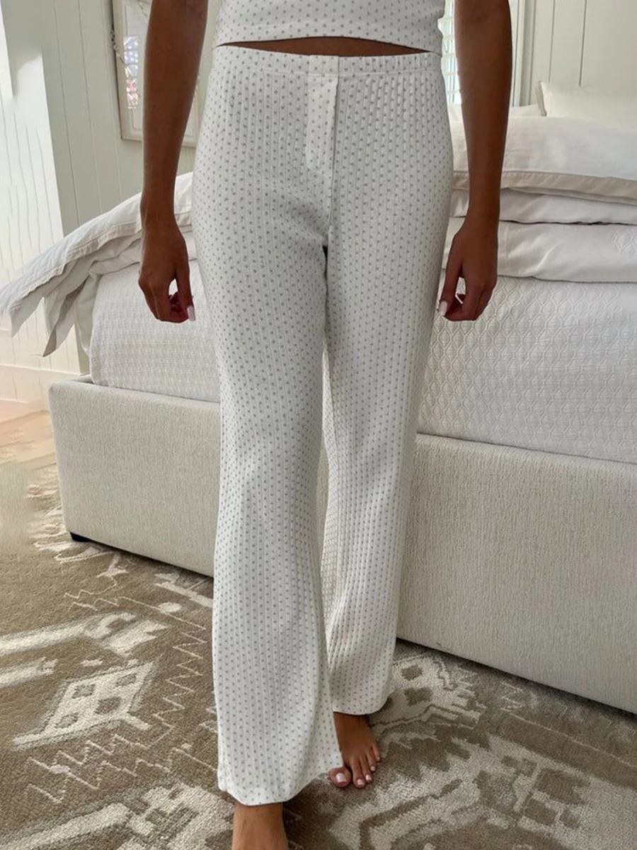 Blue Heart Eyelet Long Pants Women Summer Beige Elastic High Waist Straight Trousers Sweet Girls Casual Cotton Home Pant Y2k