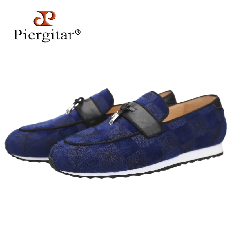 Piergitar Handcrafted Blue Plaid Cotton Fabric Men Sneakers With Metal Tassel Slip-On Men's Loafers Black And White Mixed Bottom