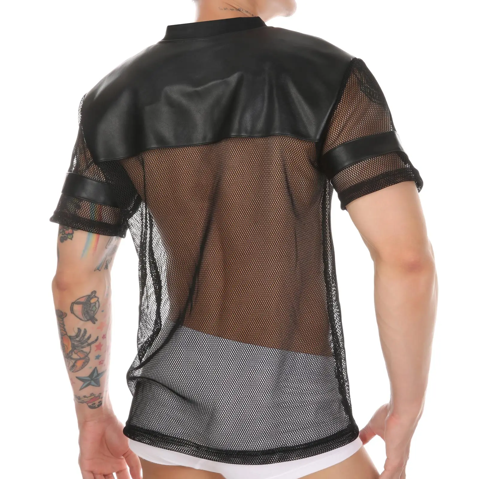 CLEVER-MENMODE PU Sexy Fishnet Tops Tee Men Faux Leather T-Shirt Transparent Mesh Clubwear See Through Short Sleeve Number 107