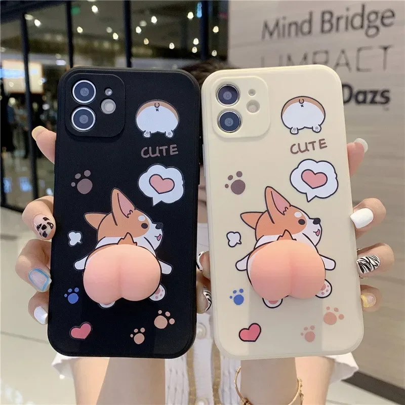 Cute 3D Corgi Ass squishy Decompress Stereo Elastic Soft phone Case For iphone 16 15 promax 11 12 13 14 pro Puls XS black covers