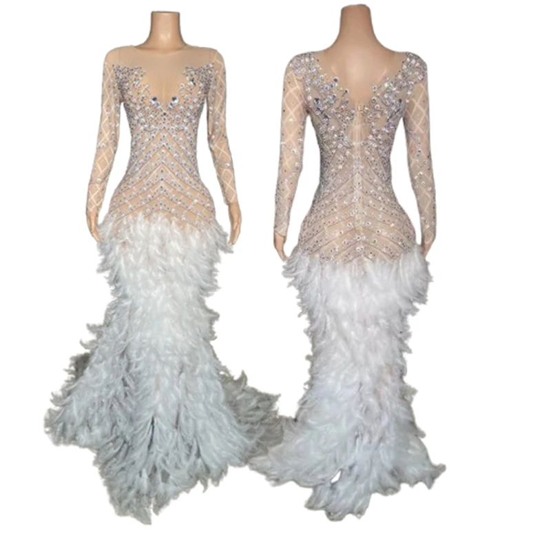 High Quality Long Sleeve Rhinestone Dress Split Club Luxury Feather Dress Wedding Dress Women Dresses for Party and Wedding