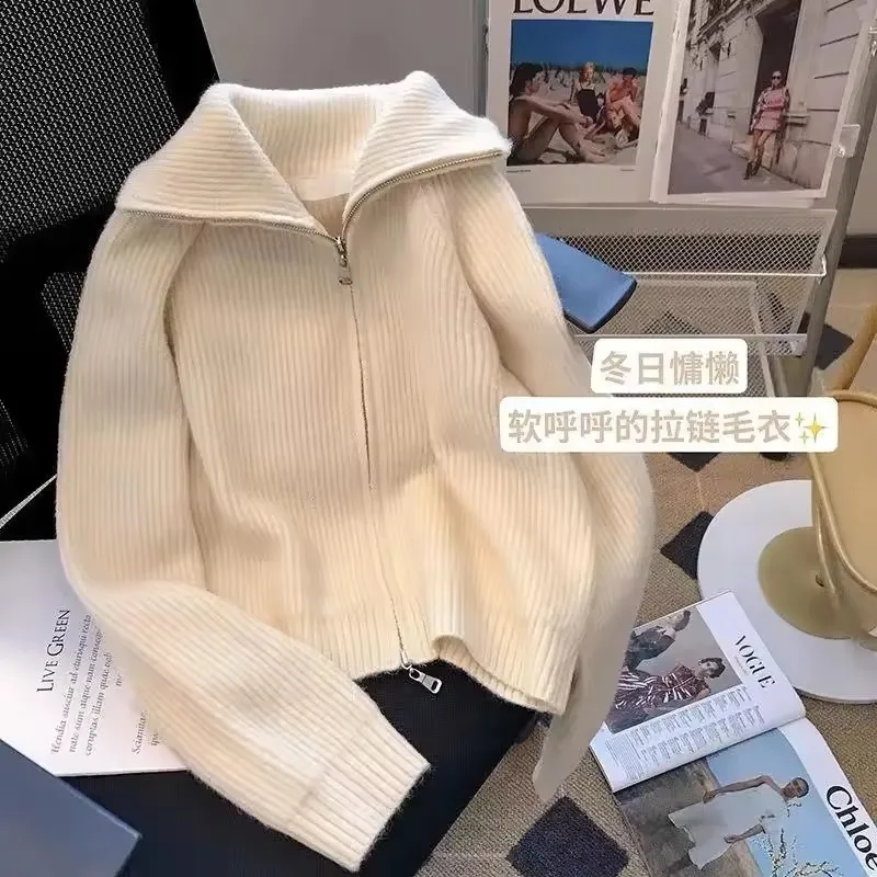 2026 doppel-reißverschluss Vintage Revers Kragen Frauen Strickjacke Pullover Herbst Winter Student Koreanische Damen Gestrickte Top Weibliche