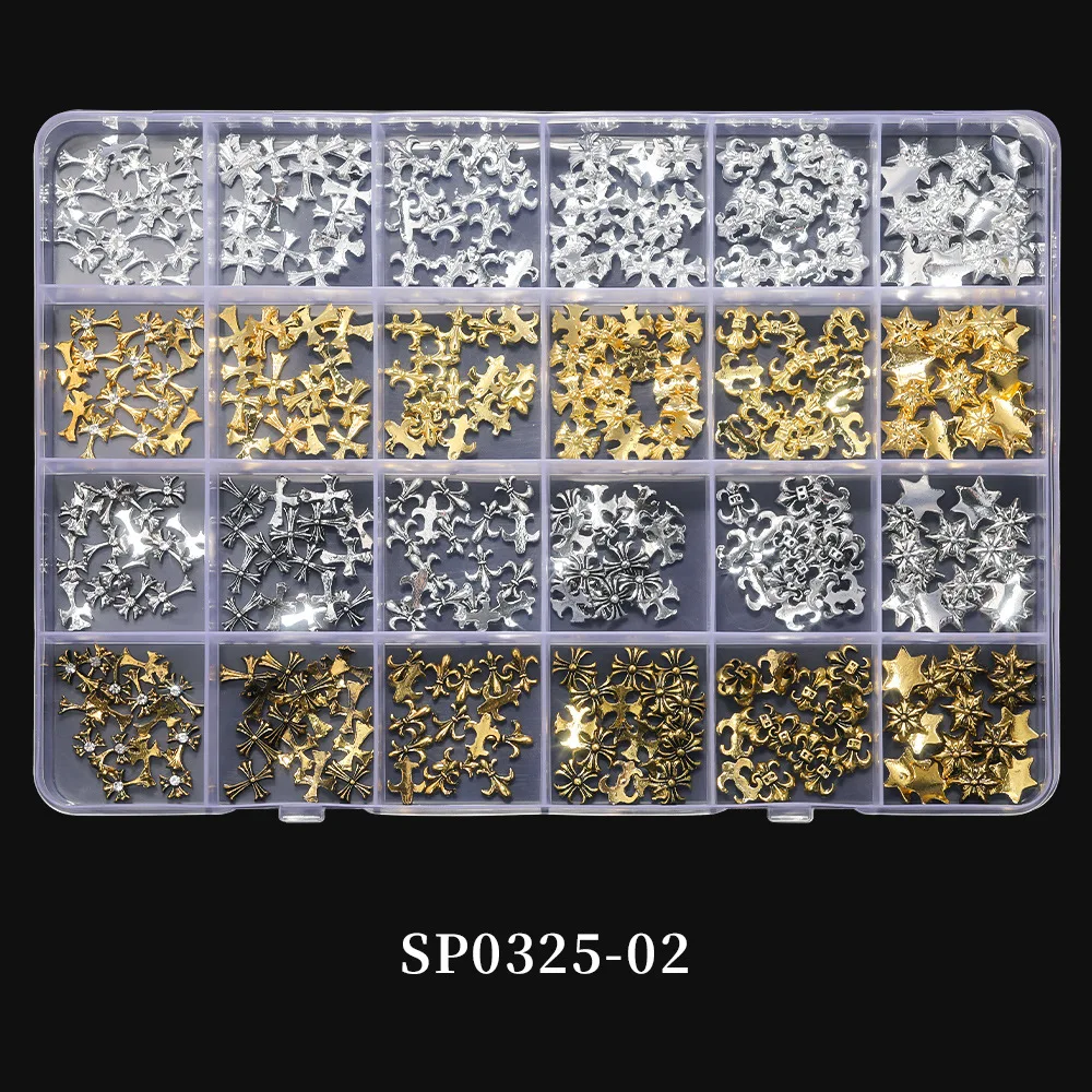 CHUNSHU 24 Grid Nail Art Decorations Mixed Retro Gold Silver Gem Metal Zircon 3D Nail Charms Luxury Planet Diamond Manicure