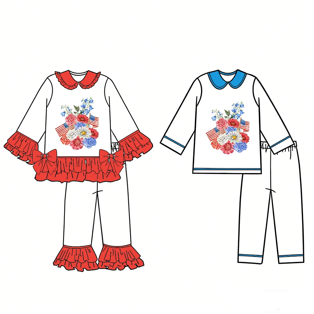 Hot-selling new kid's set Independence Day limited edition long sleeves & long pants double-layered ruffled bow decoration