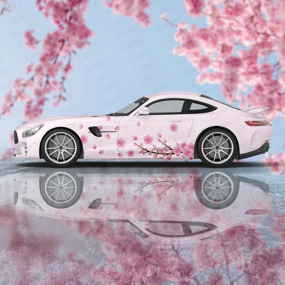 Cherry Blossom Pink Flower Car Side Sticker Decor Protect, Car Vinyl Wraps Waterproof Self-adhesive Sticker, Auto Accessories