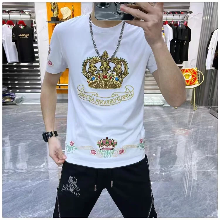 Blue Mens Luxury T Shirts Smooth Silk Diamond Bronzing Summer T 2022 Stylish European Clothing Unusual Stretch Clothes Big Size