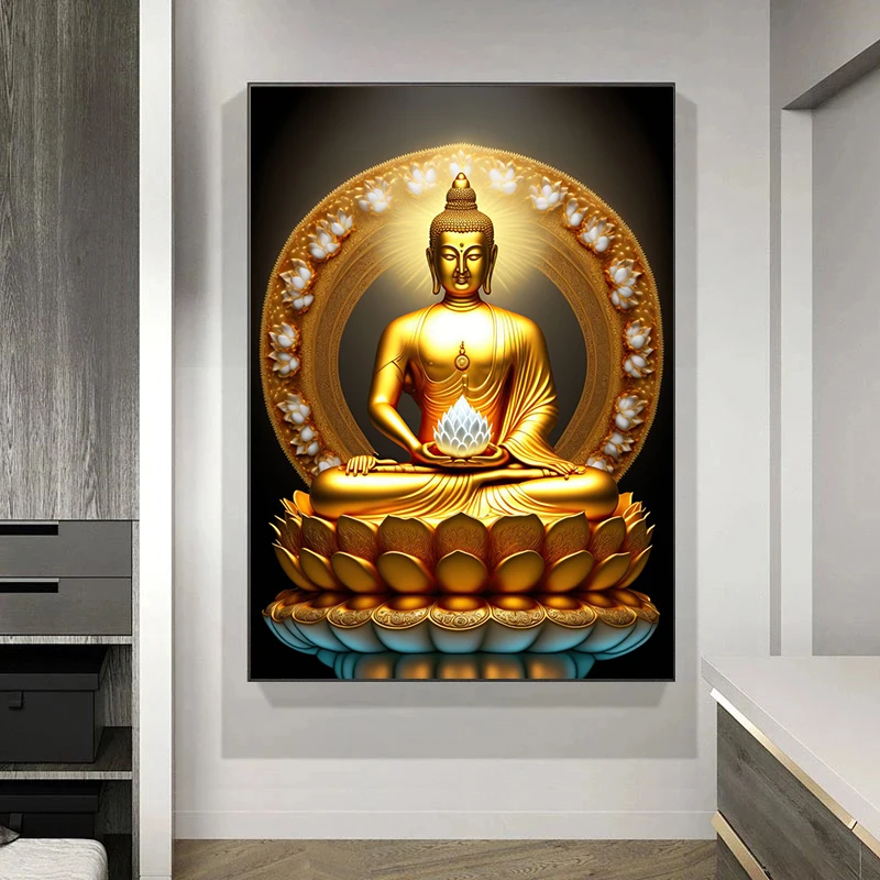 Buddha Statue Lotus Poster Zen Spiritual Meditation Religion Print Canvas Painting Wall Art Picture for Living Room Home Decor