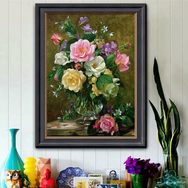 

Handmade cross stitch finished product, famous painting, vase, rose, new European style oil painting, bedroom, living room,