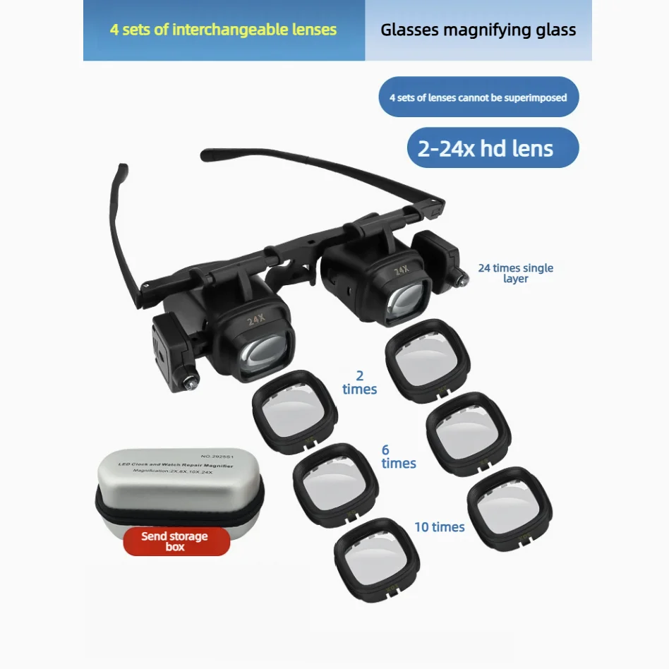 2XLED Watch Jeweler Repair Magnifier Head-Mounted Headband Adjustable Magnifying Head Eye Glasses Loupe Lens 2X 6X 10X