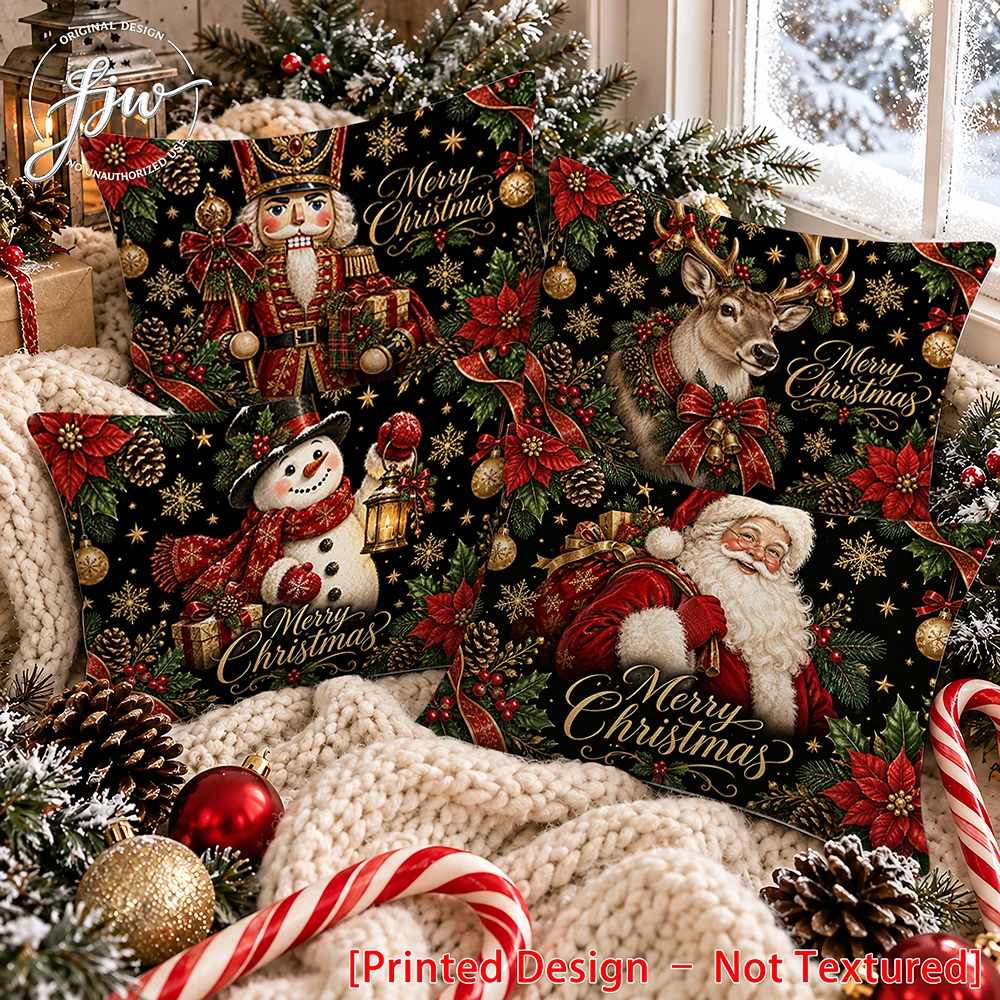 4pc Christmas Vintage Throw Pillow Covers , Retro Santa Snowman Reindeer Nutcracker Xmas Decorative Cushion Cases for Sofa Couch